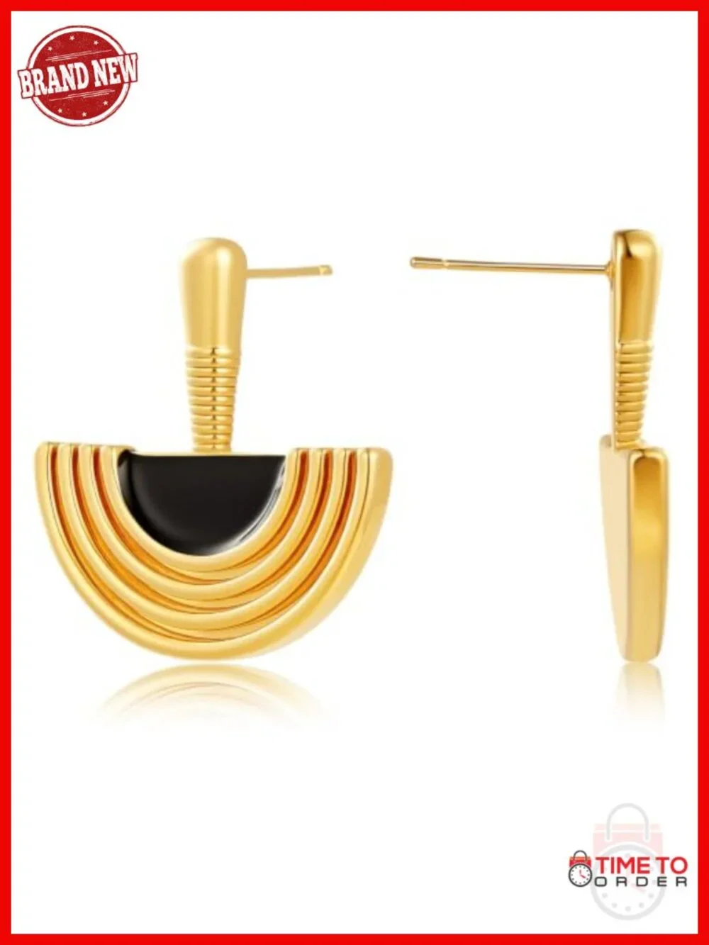 18K Gold Plated S925 Sterling Silver Post Drop Earrings, Black Enamel Fan